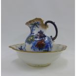 19th century Doulton Burslem, Vernon pattern flow blue and white basin and ewer set (a.f)