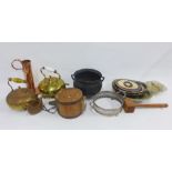 A mixed lot to include copper and other metal wares, iron cauldron pot and an Albanian wooden