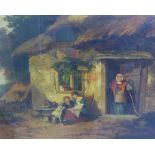 In the circle of George Morland, Cottage with figures, cats and dogs, oil on canvas, singed and