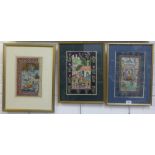 Indian School, a group of three gouache with figures, all framed under glass, largest 20 x 32cm