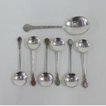 Set of six Arts & Crafts silver teaspoons, with coloured hardstone terminals, designed by Norah