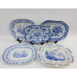 A collection of five 19th century Staffordshire transfer printed blue and white ashets, to include