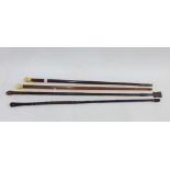 Collection of various walking canes,one with a small iron shovel at the tip, two with ivory handles,