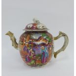 Chinese Famille Rose Mandarin teapot, painted with figures and with a faux bamboo handle, (chip to