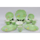 Paladin Staffordshire china teaset, green glazed with handpainted floral sprays, six cups, six