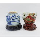 Sumida Gawa pottery planter, 14cm, and a Chinese provincial blue and white pottery ginger jar,