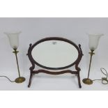 Mahogany framed dressing table swing mirror and pair of faux brass table lamps (3)