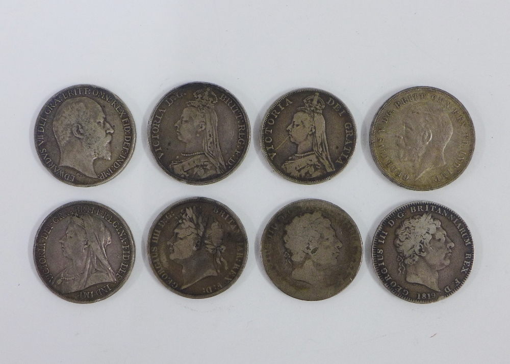 A collection of Crown coins to include George III 1819, George IIII 1822, Queen Victoria 1889, 1890,