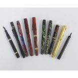 Ten various vintage fountain pens, Swan Mabie Todd, Waterman's Ideal and Conklin, etc , some with