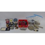 A quantity of vintage and later costume jewellery, silver back brush and mirror, vintage fountain