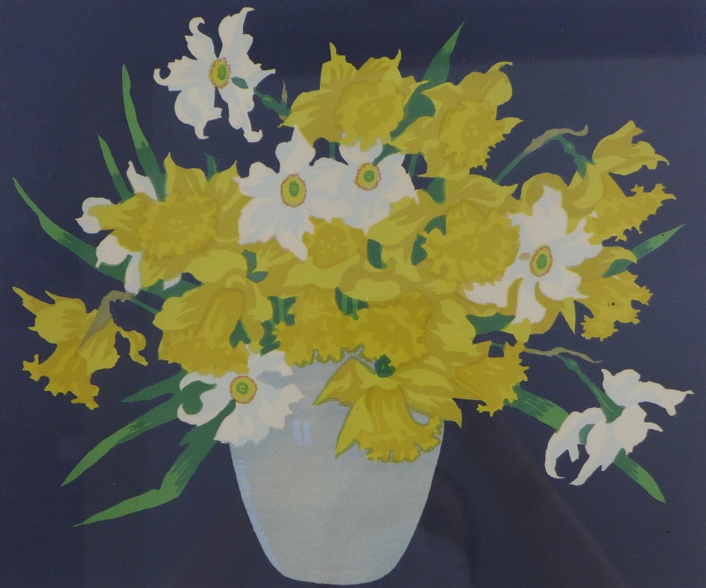 T.T Blaylock, a coloured print of Daffodils, framed under glass