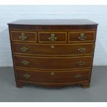 19th century mahogany and satinwood inlaid bow front chest, with three short and three long drawers,