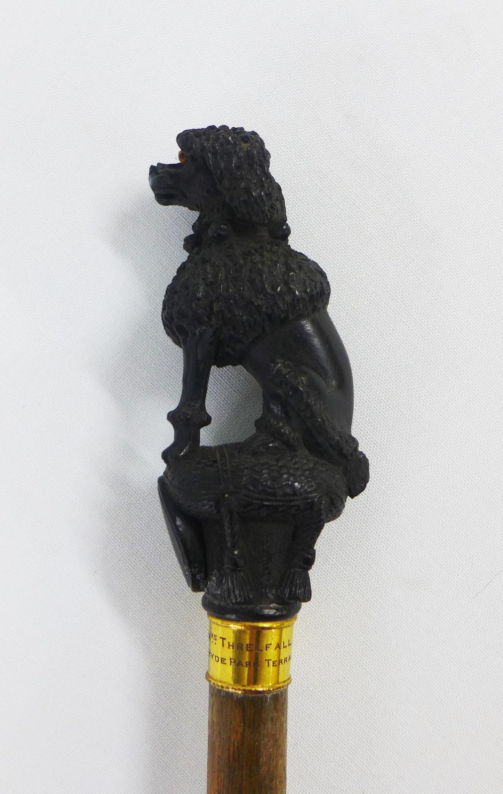 Early 20th century parasol the handle modelled as a poodle with a yellow metal mount inscribed ' - Image 2 of 3
