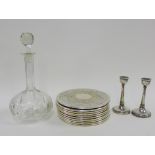 A pair of Chester silver solifluer vases, a set of ten silver plated coasters and a globe and