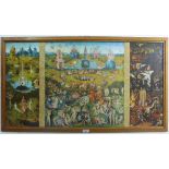 The Garden of Earthly Delights, a coloured Hieronymus Bosch print, framed under glass, 107 x 60cm