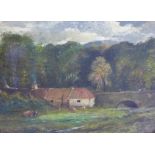 British School, Rural Landscape with Cottage, Bridge and Cattle, oil on board, apparently unsigned