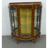 Vintage demi lune walnut and glazed display cabinet on cabriole legs, 92 x 115 x 38cm