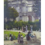 English School, Park Scene with Figures & Classical Architecture' oil on board, signed with a