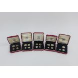 Maundy Money boxed sets for 1955, 1956, 1957, 1958, 1959 in red leather issue boxes, the set for