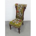 19th century prie dieu chair with beaded tapestry upholstery and foliate carved supports,