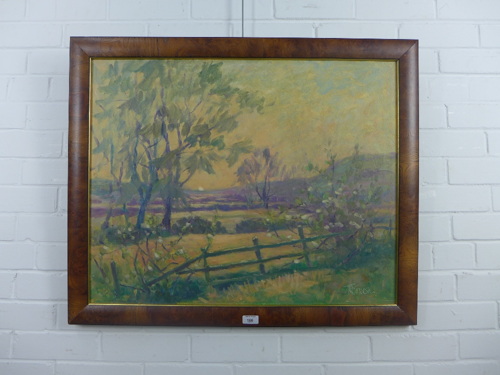 T.H. Kirman, the sun setting on a landscape, oil on canvas, signed indistinctly, in a faux - Image 3 of 3