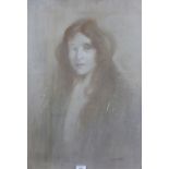 Half length portrait of a girl with long hair, mixed media, apparently unsigned, framed under glass,