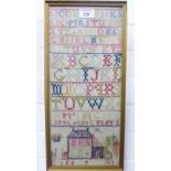 19th century alphabet sampler, worked by Margaret McLean in 1845, in a glazed frame, 18 x 42cm