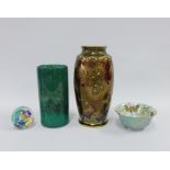 Carltonware Rouge Royale vase, Strathearn green glass vase, Selkirk glass paperweight and an Aynsley
