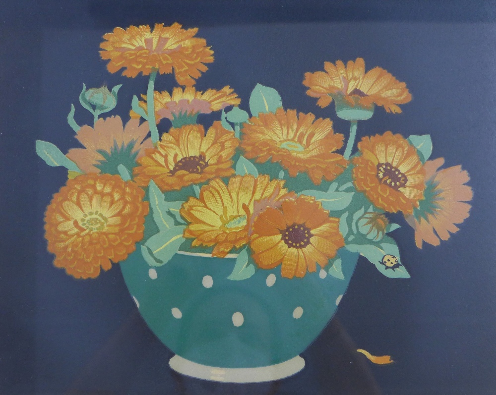 Hall Thorpe, a coloured print of Marigolds, signed in pencil and framed under glass, 50 x 47cm