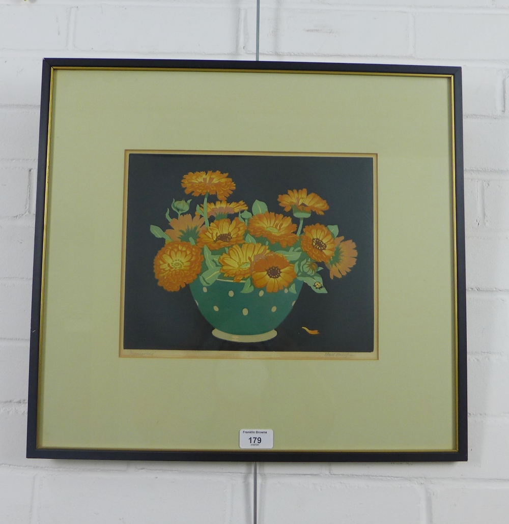 Hall Thorpe, a coloured print of Marigolds, signed in pencil and framed under glass, 50 x 47cm - Image 4 of 4