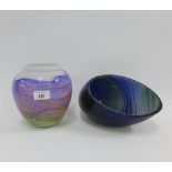 Contemporary art glass vase and Jenny Beardshall blue glass bowl, (2)