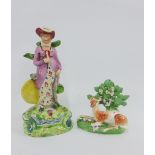 19th century Walton style pottery figure of a girl and another of a deer and bocage, tallest 18cm (