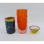 Margery Clinton lustre glazed pottery beaker, Whitefriars orange bark textured glass vase, small