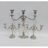 19th century silver plate on copper three branch candelabra and a pair of later Epns candelabra,