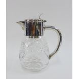 Epns mounted cut glass jug with a hinged lid and removable diffuser, 17cm high