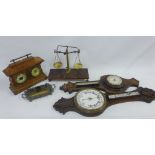 An oak wall barometer, rosewood and inlaid wall barometer, walnut desk barometer and various small