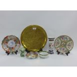 Eastern brass tray, engraved with calligraphy, together with a Chinese famille rose plate and