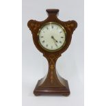 Early 20th century mahogany and inlaid mantle clock, enamelled dial, Roman numerals, 30cm