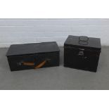 Two black metal deed boxes, largest 49 x 18cm (2)