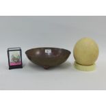 Mixed lot to include a copper Thornton Le Dale bowl, 25cm, an Ostrich egg and a decorative egg in