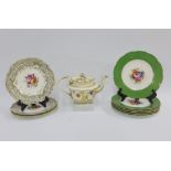 Set of three English porcelain plates, Davenport teapot and a set of six Royal Worcester porcelain