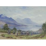 19th century watercolour of a Highland Funeral, possibly a Laird's funeral with two pipers leading