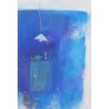 Contemporary School 'The Blue Cupboard, mixed media, signed indistinctly, framed under glass, 30 x