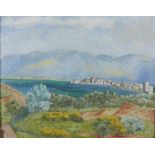 Violet Kemp, distant view of a bay and village, oil on canvas, signed, in a gilt frame, 50 x 40cm