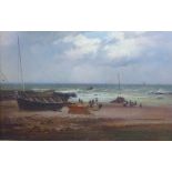 John Cairns, (1840-1875) 'Auchmithie Shore - Forfarshire;, oil on board, inscribed verso, in a