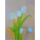 Florence Jamieson (1925 - 2019), 'Blue tulips' oil on board, signed with a monogram bottom right,