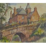 J. Couzens, red brick house and bridge with figures, watercolour, signed and dated 1956, framed