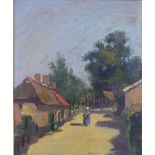Rijsoord, (DUTCH SCHOOL) village street with a lone figure walking, oil on canvas board, signed,