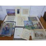 A carton containing a quantity of unframed artwork to include 'On Guard' by Charles