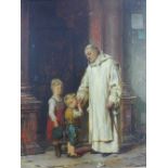 Adolf Humborg (1847-1913) Church interior with cardinal and two children, oil on board, signed, in a